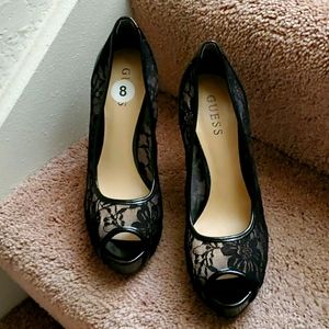 GUESS Black Lace Peep Toe High Heels Shoes